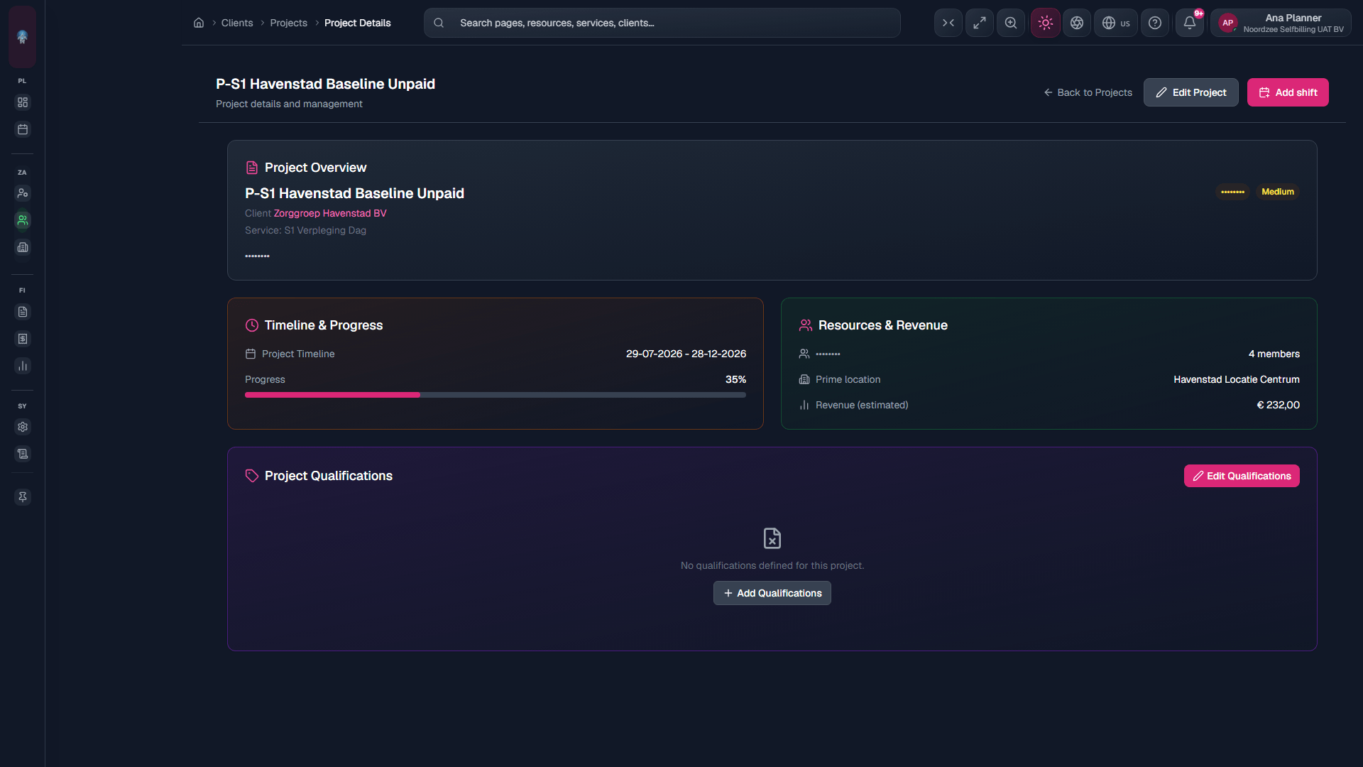 Project detail: name, dates, client, status (/clients/projects/project?id=).