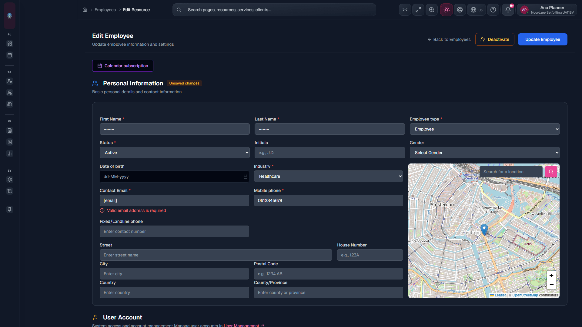 Edit resource: update profile, user link, and active/inactive without losing the record.