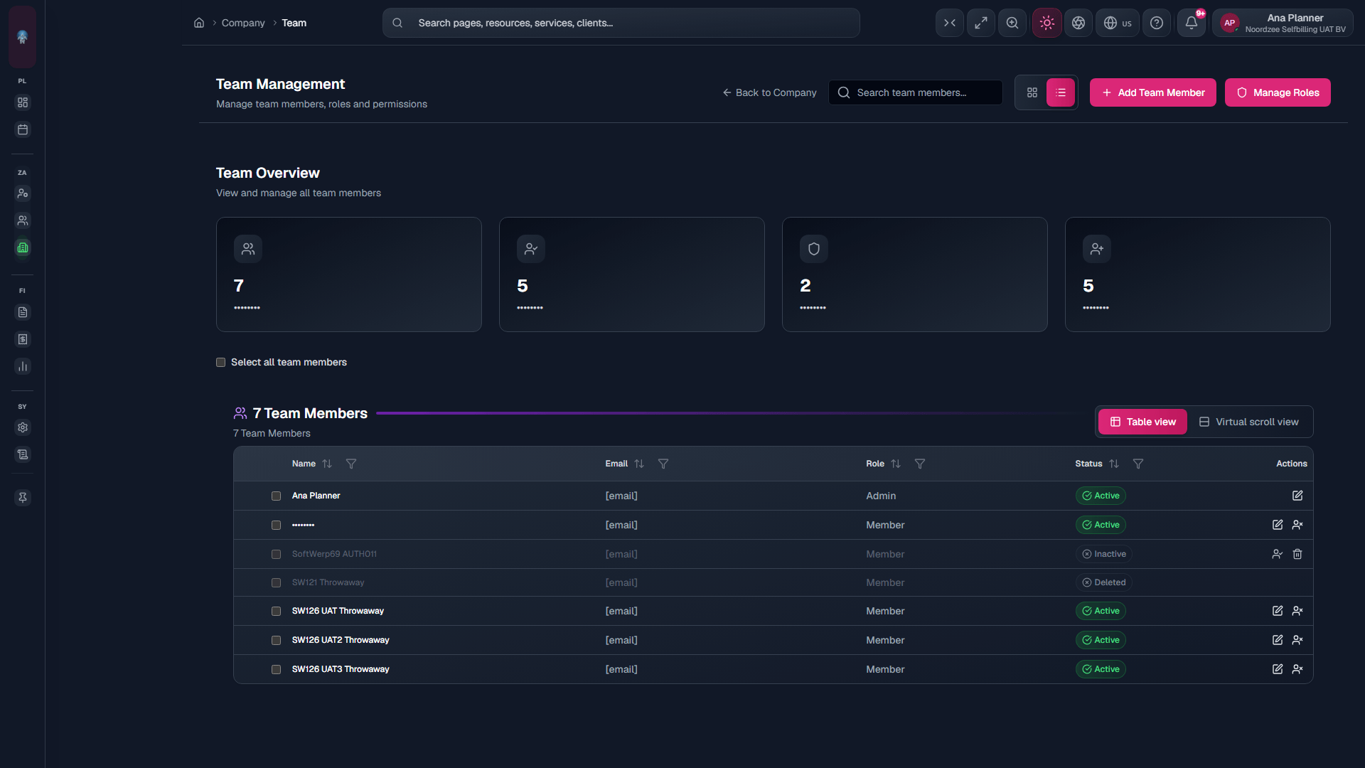 Team list: members, roles, status (/company/team).