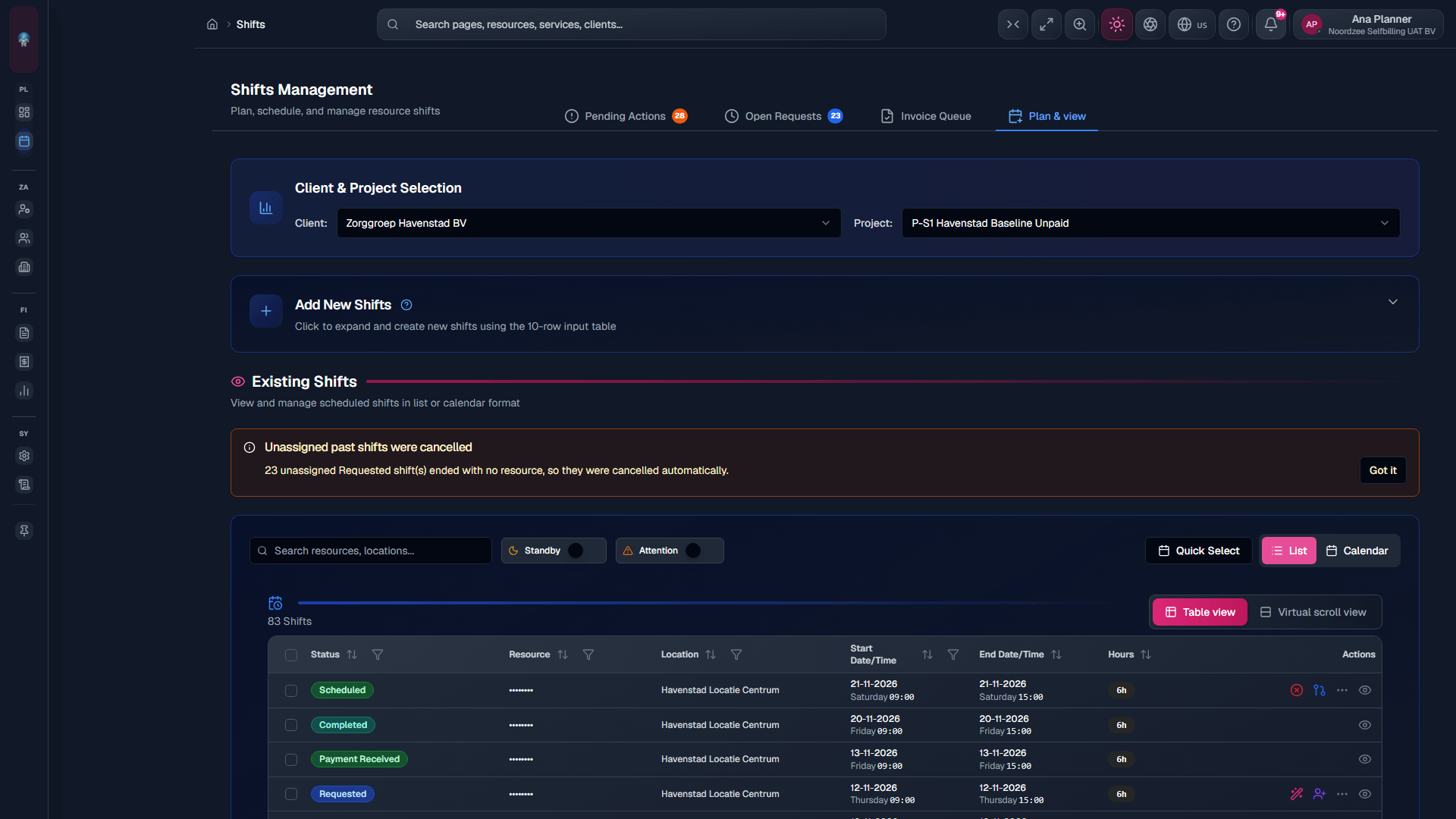 All Shifts: list board with client/project and filters (/shifts).