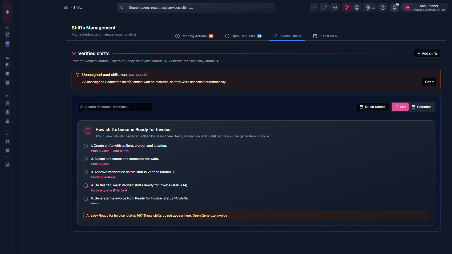 Invoice Queue tab: ready for billing (/shifts?tab=ready-for-invoice).