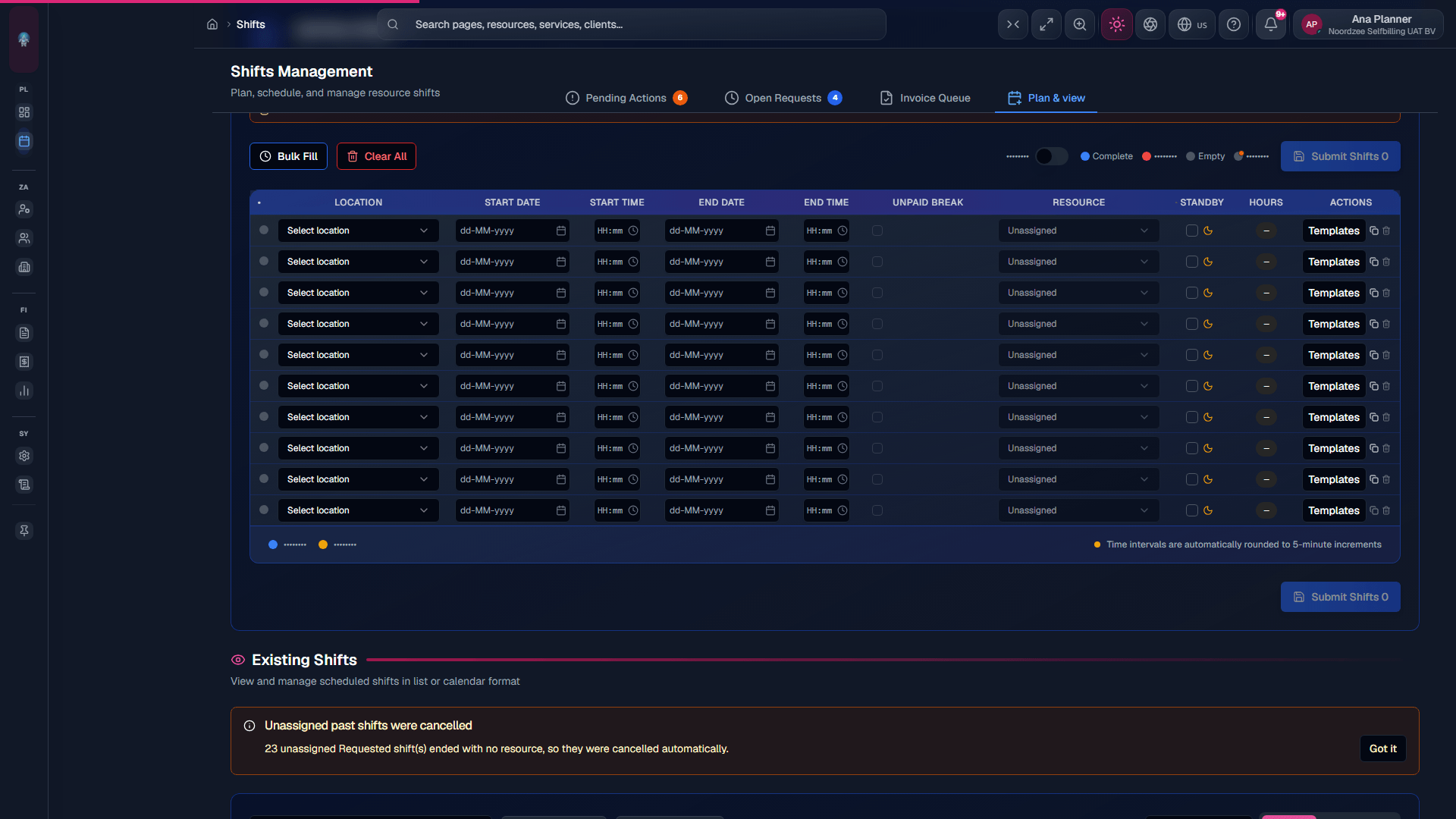 Add shift / new rows: date, times, end date (overnight), location; do not submit during capture.