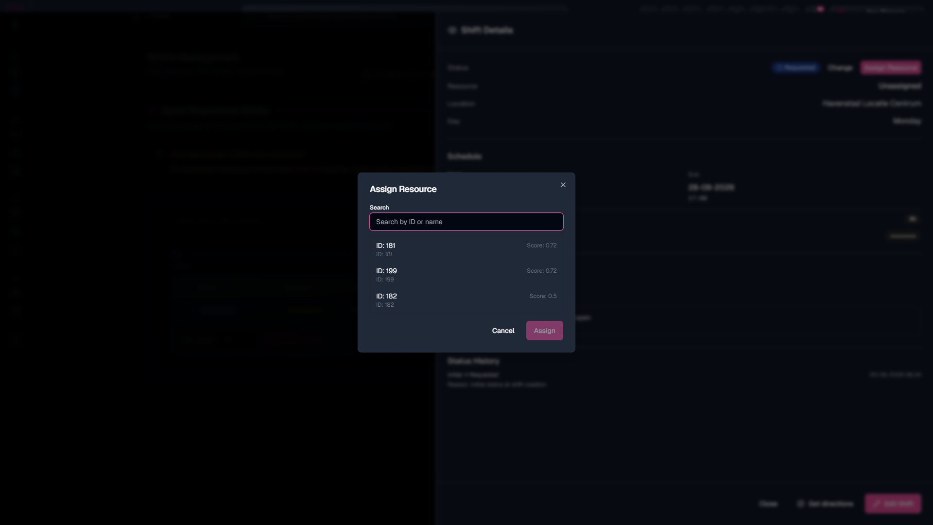 Assign Resource modal: search and pick a person.
