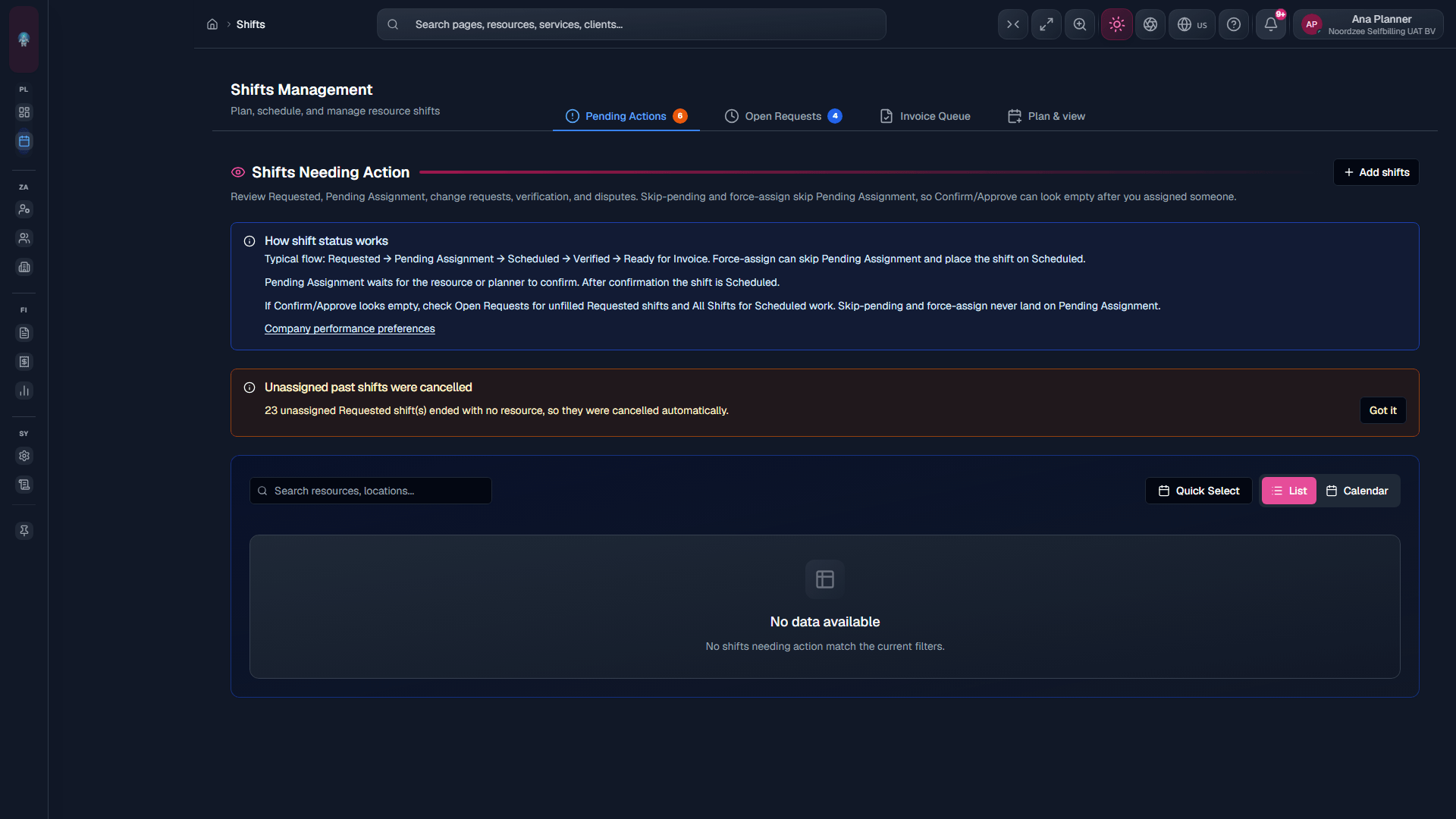 After click: Pending Actions on Shifts, filtered from Overview.