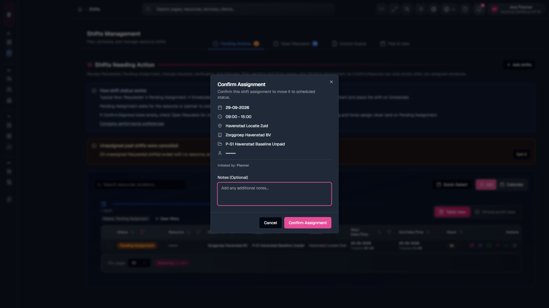 Pending Actions: confirm Pending Assignment to Scheduled.