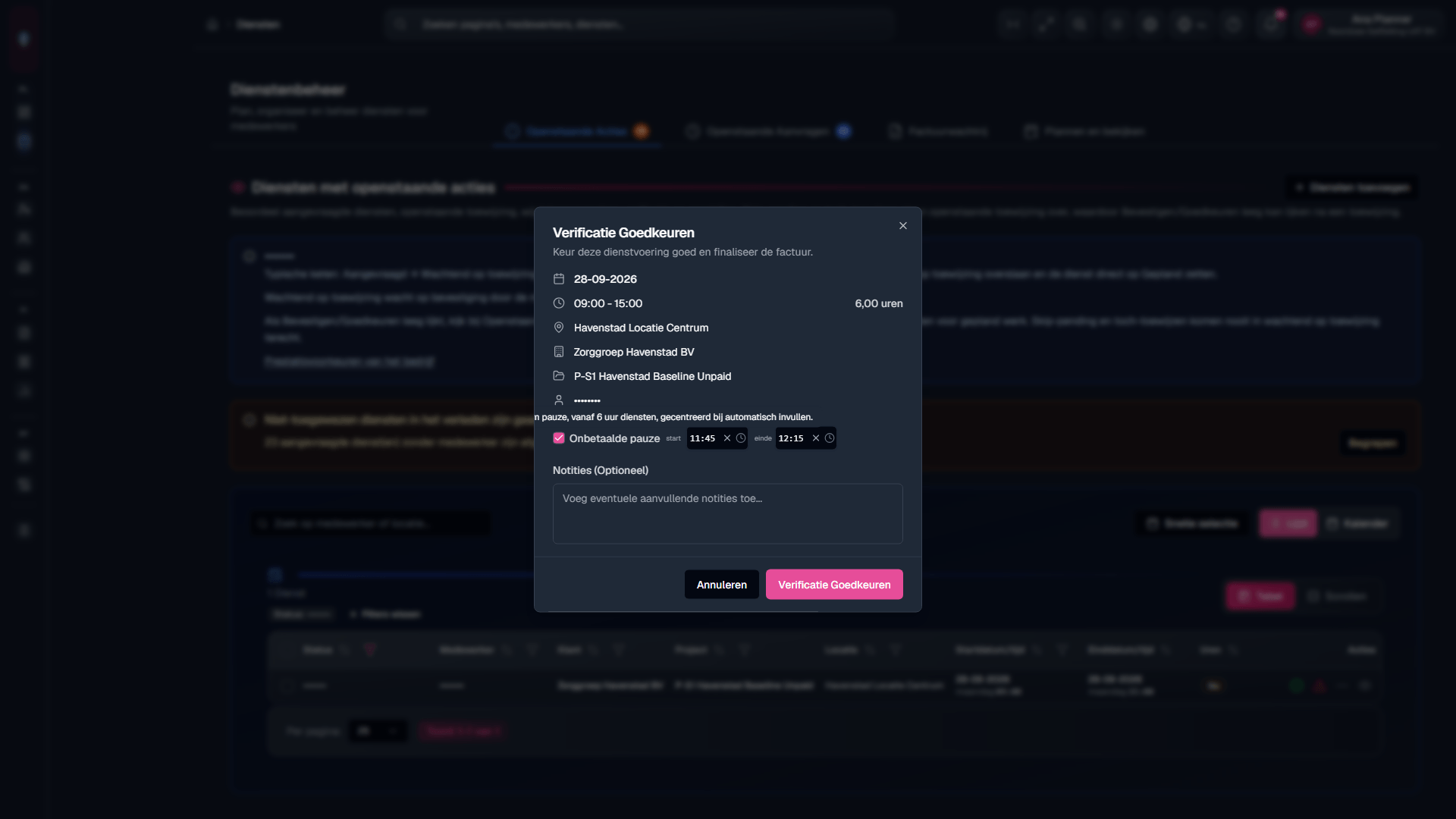 Keur geleverd werk goed vóór facturatie (knop Verificatie goedkeuren).