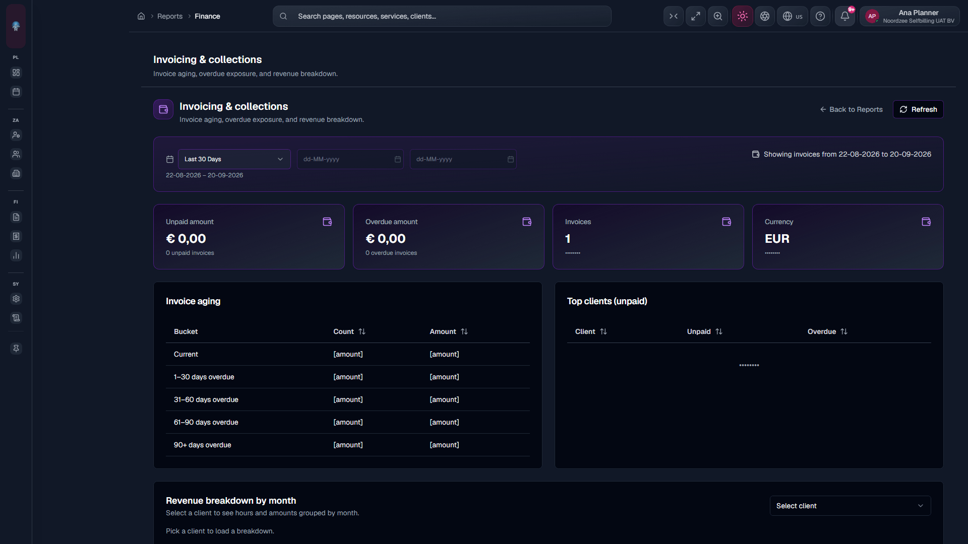 Invoicing & collections: KPIs and aging (/reports/finance).