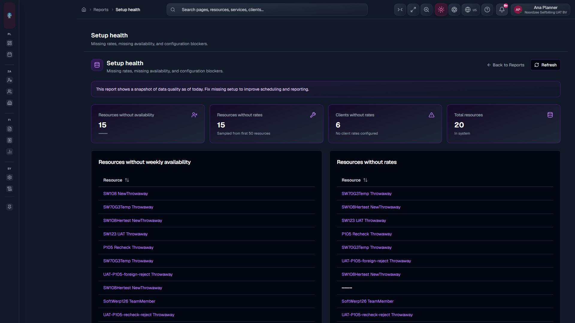 Setup health: missing availability and rates (/reports/data-quality/setup-health).