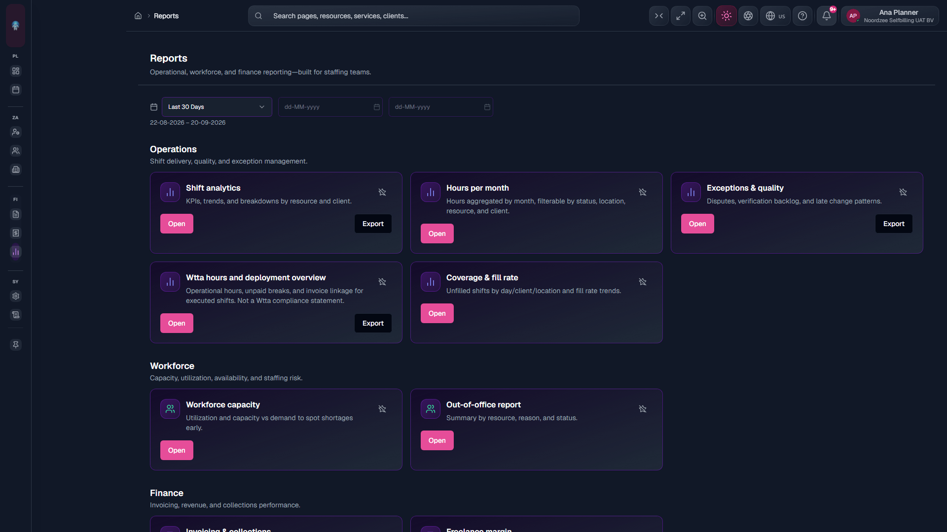 Reports: Operations, Workforce, Finance, and Data quality catalog cards.