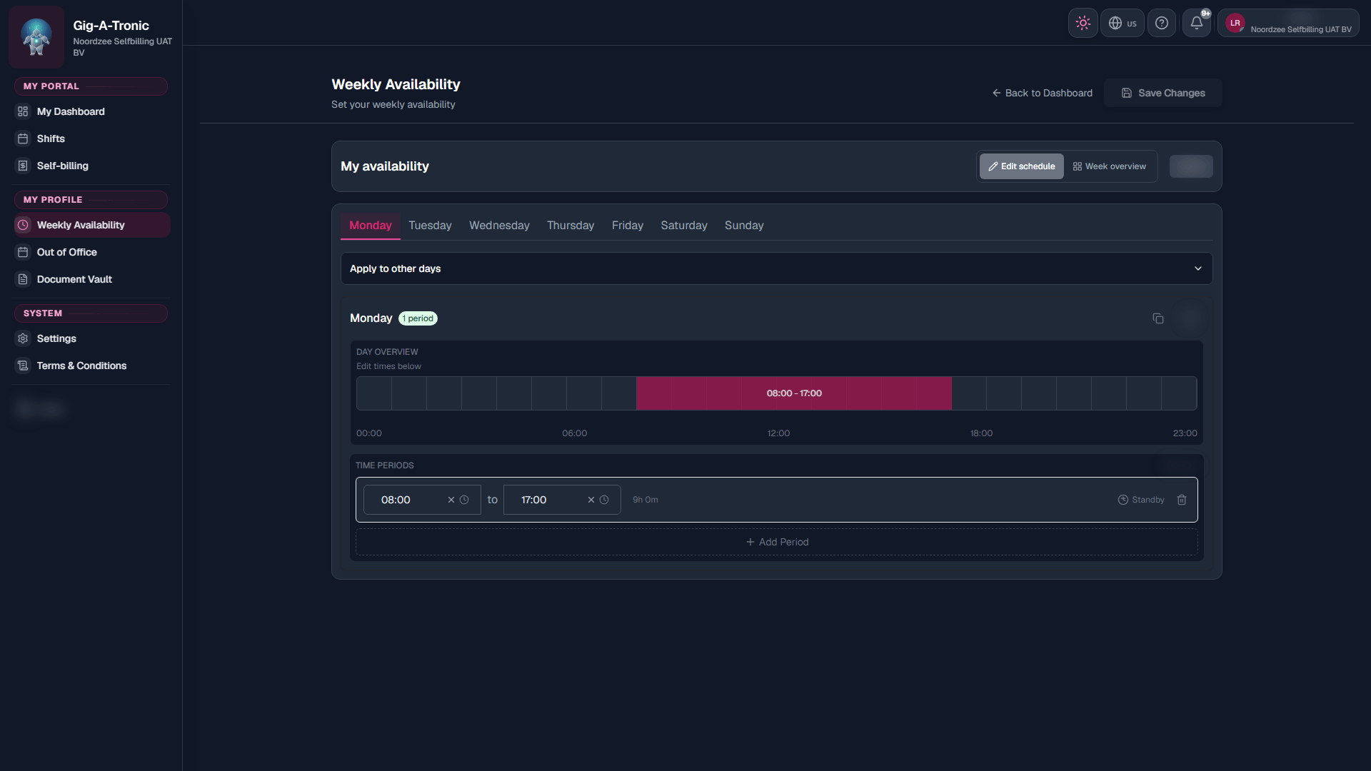 Weekly Availability opened from the Resource portal nav.