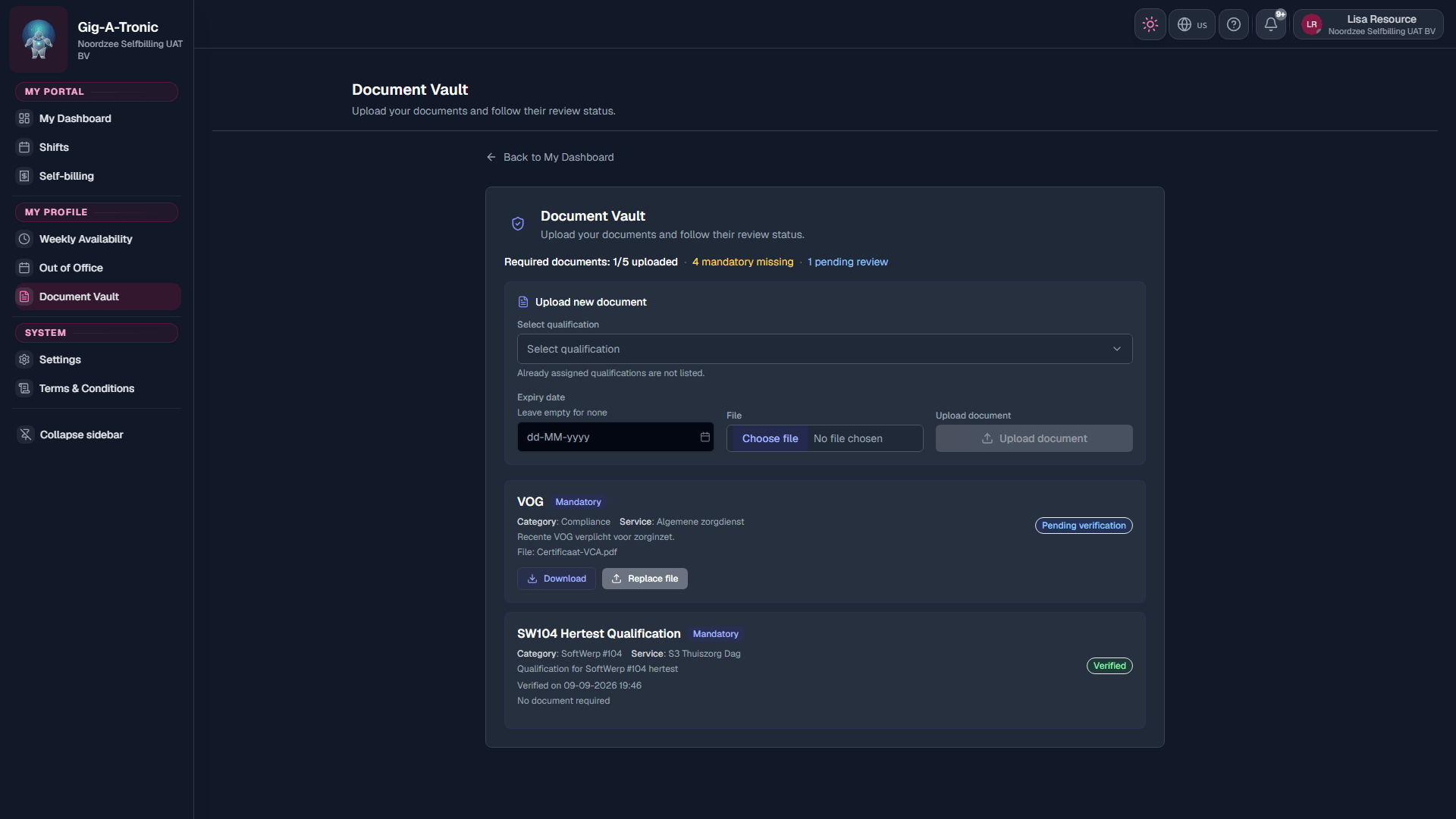 Document Vault: Upload new document form (do not submit on capture).