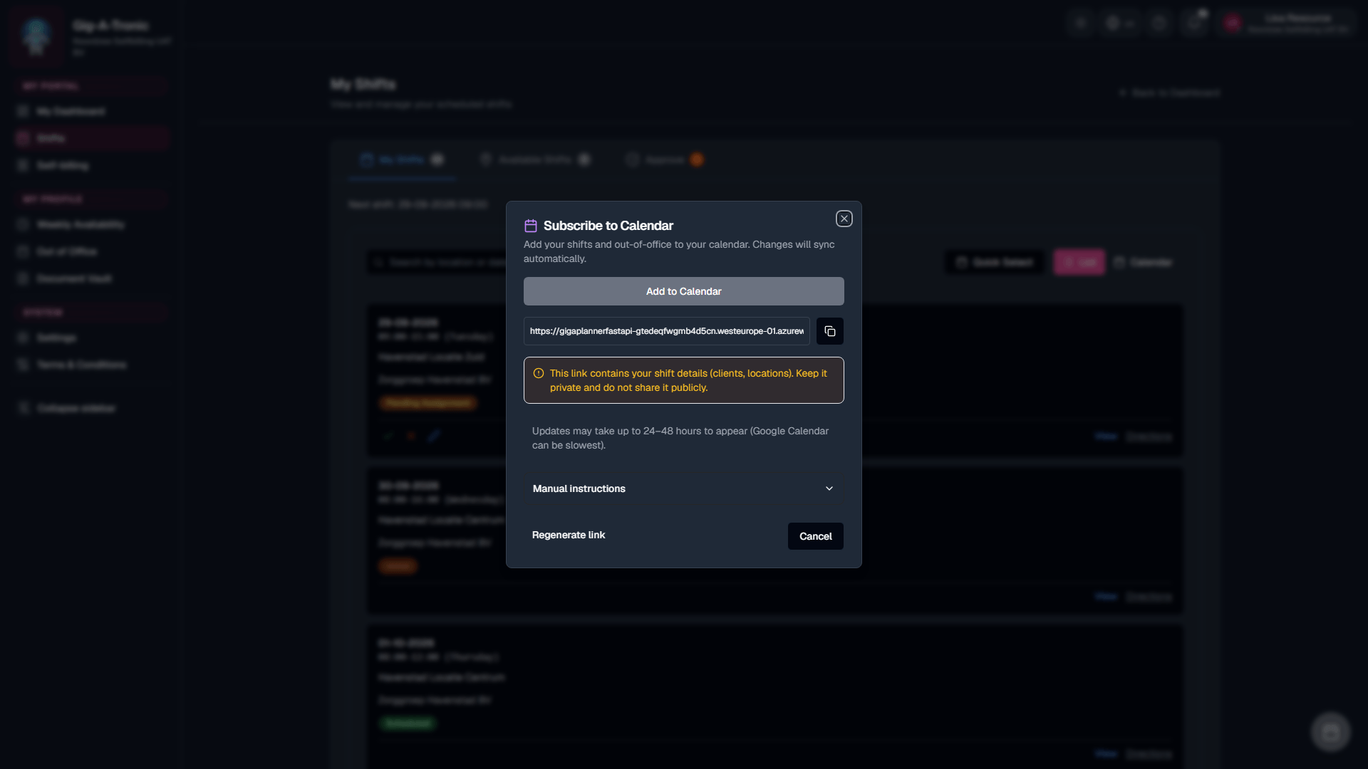 Calendar view or Calendar Export / iCal subscribe on My Shifts.