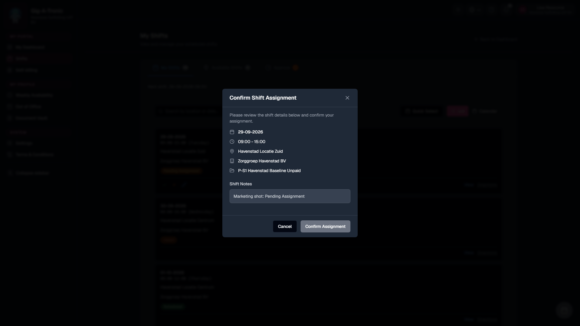 Confirm or Refuse Shift Assignment modal (do not submit on capture).