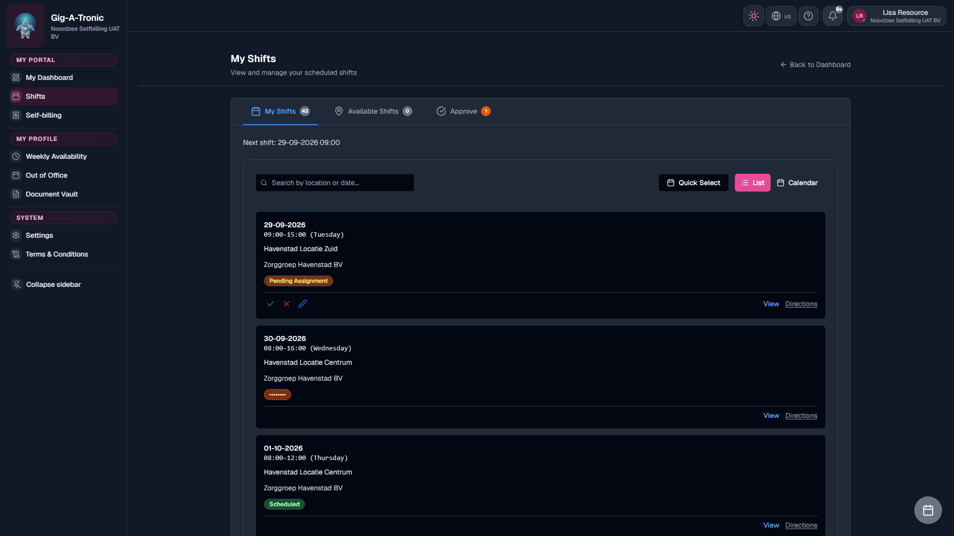 My Shifts tab: assigned shifts list (/resource-portal/shifts).