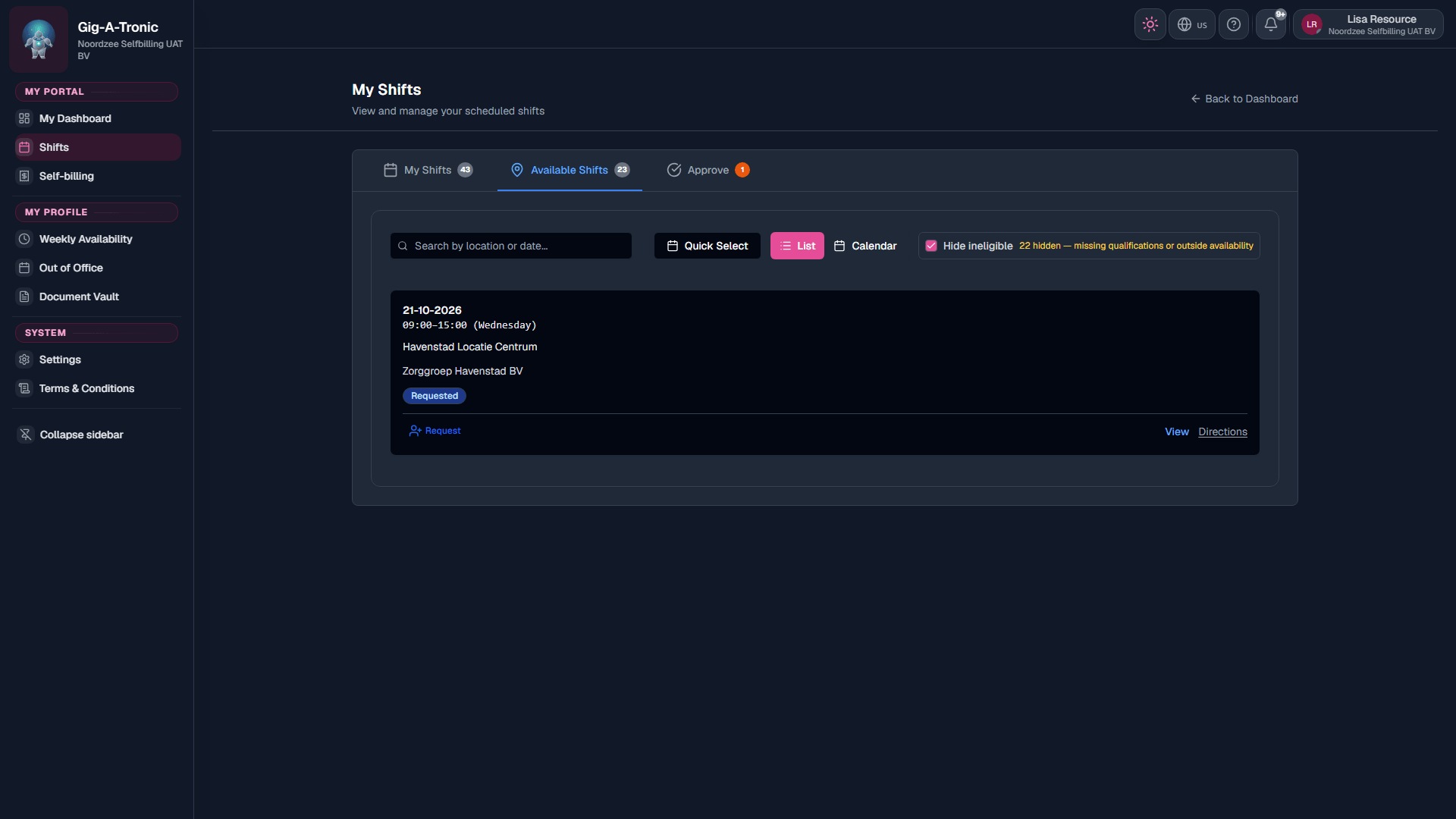 Available Shifts tab: apply when company enables it.