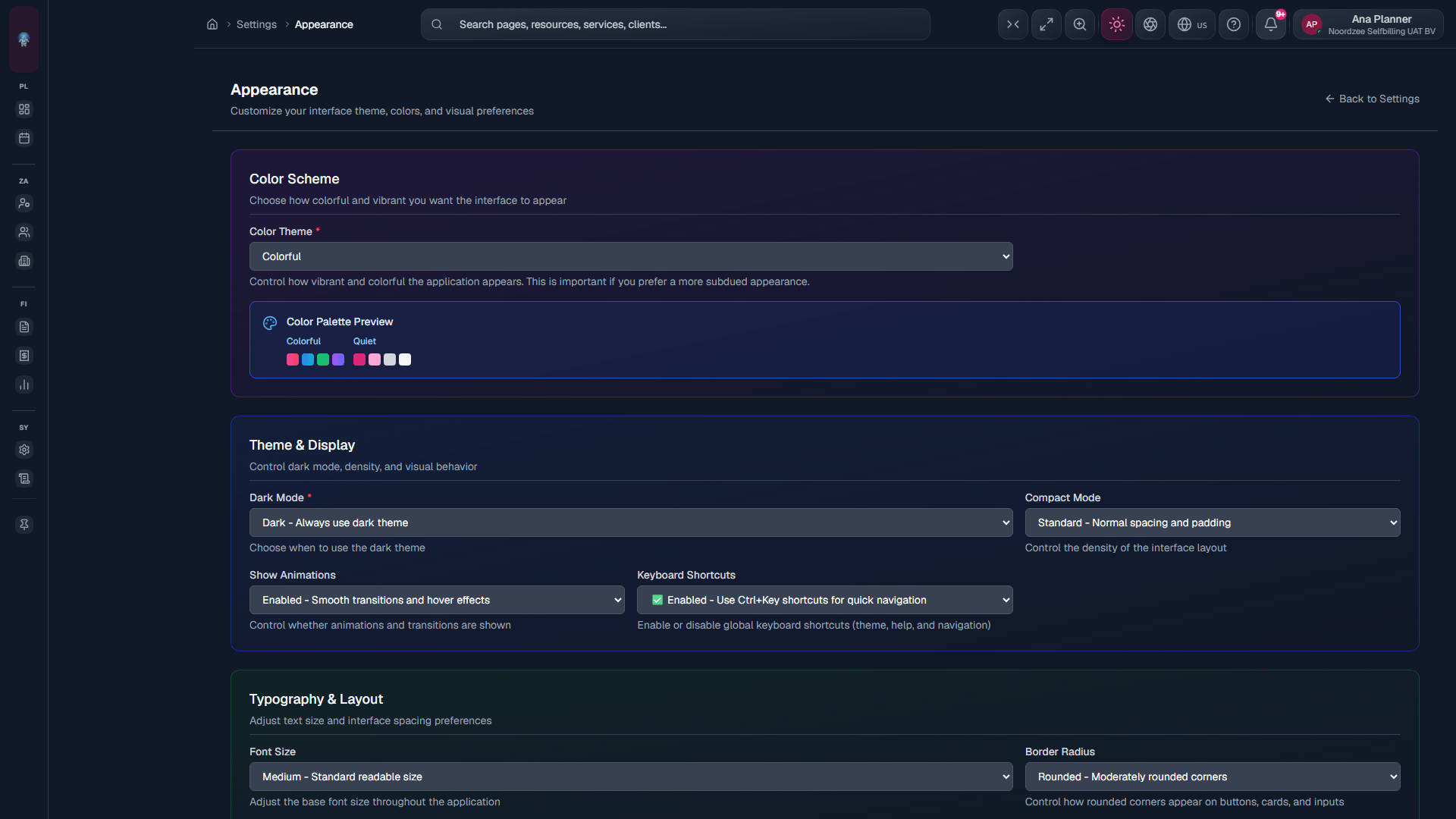 Appearance: theme, dark mode, layout (/settings/appearance).
