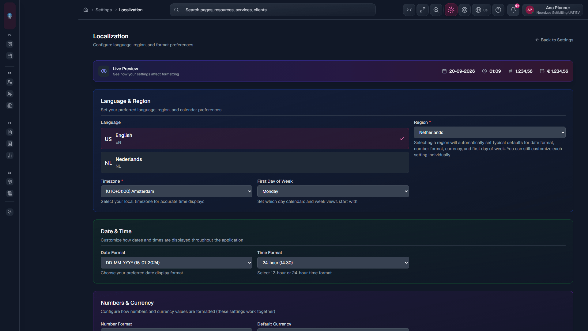 Localization Settings: language, region, formats, currency (/settings/localization).