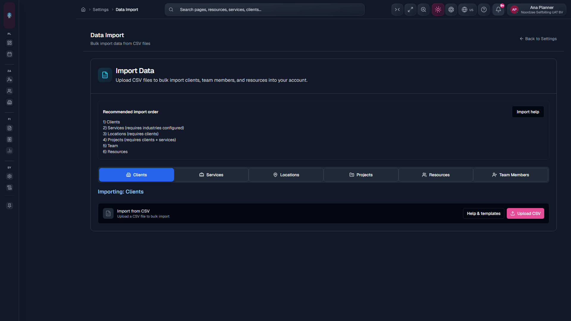 Data Import: CSV tabs and mapping (/settings/import; may be hidden in simple mode).