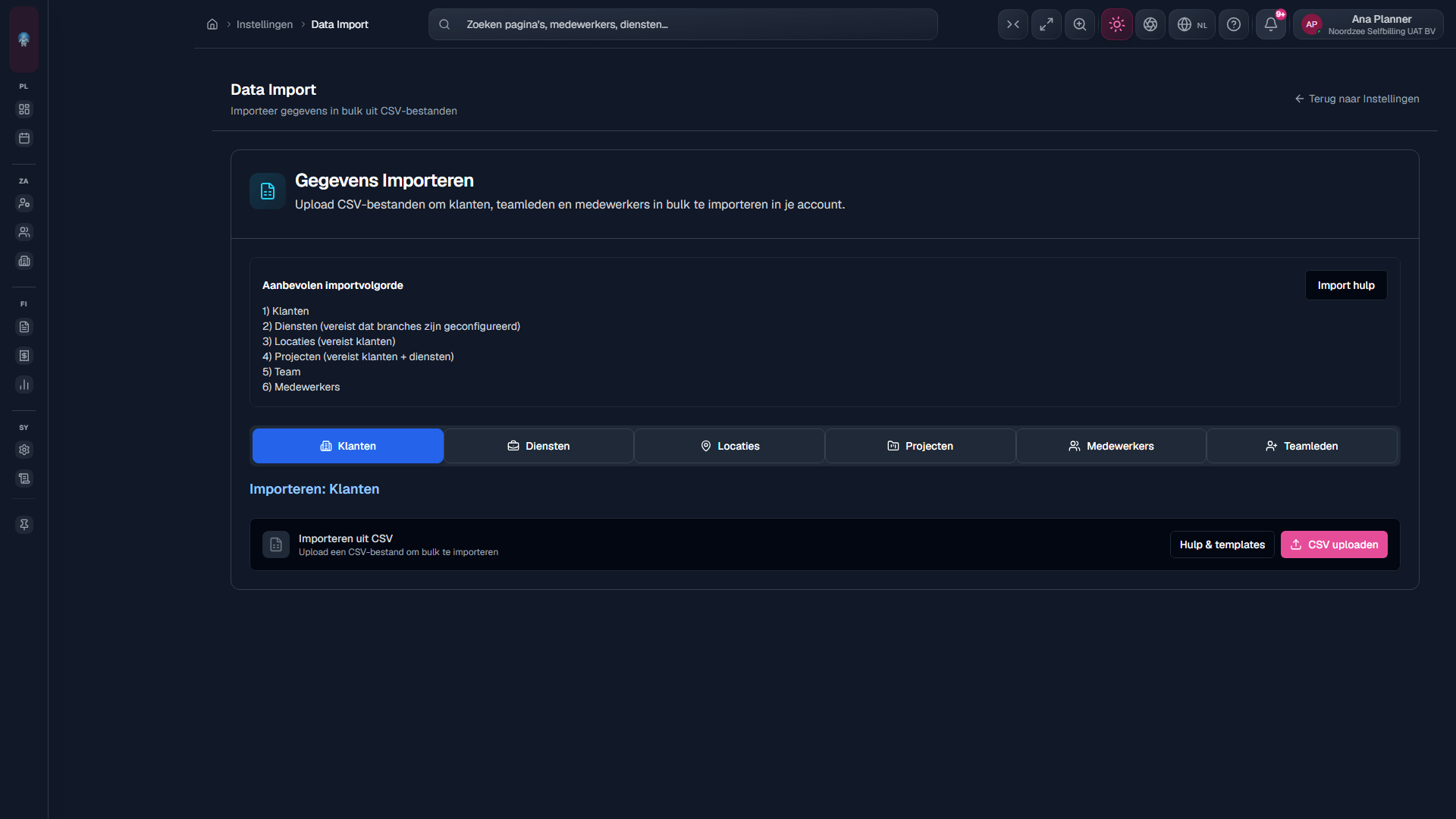 Data Import: CSV-tabs en mapping (/settings/import; kan verborgen zijn in eenvoudige modus).