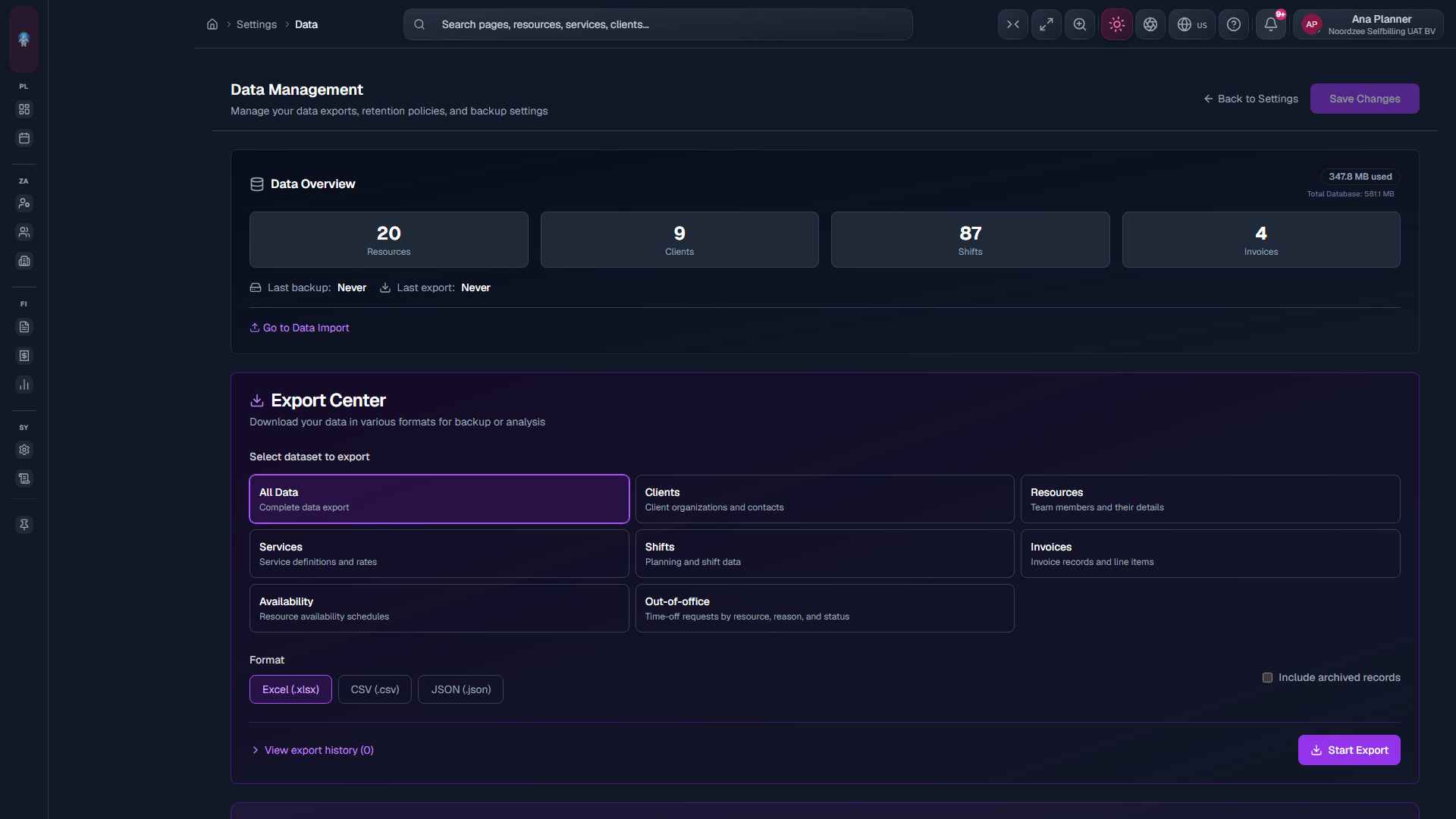 Data Management: retention, backups, exports (/settings/data).