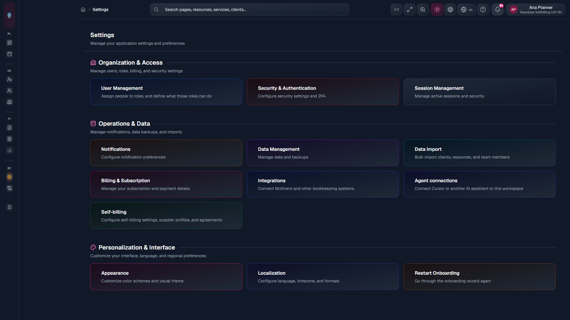 Settings: Operations & Data (notifications, data, import).