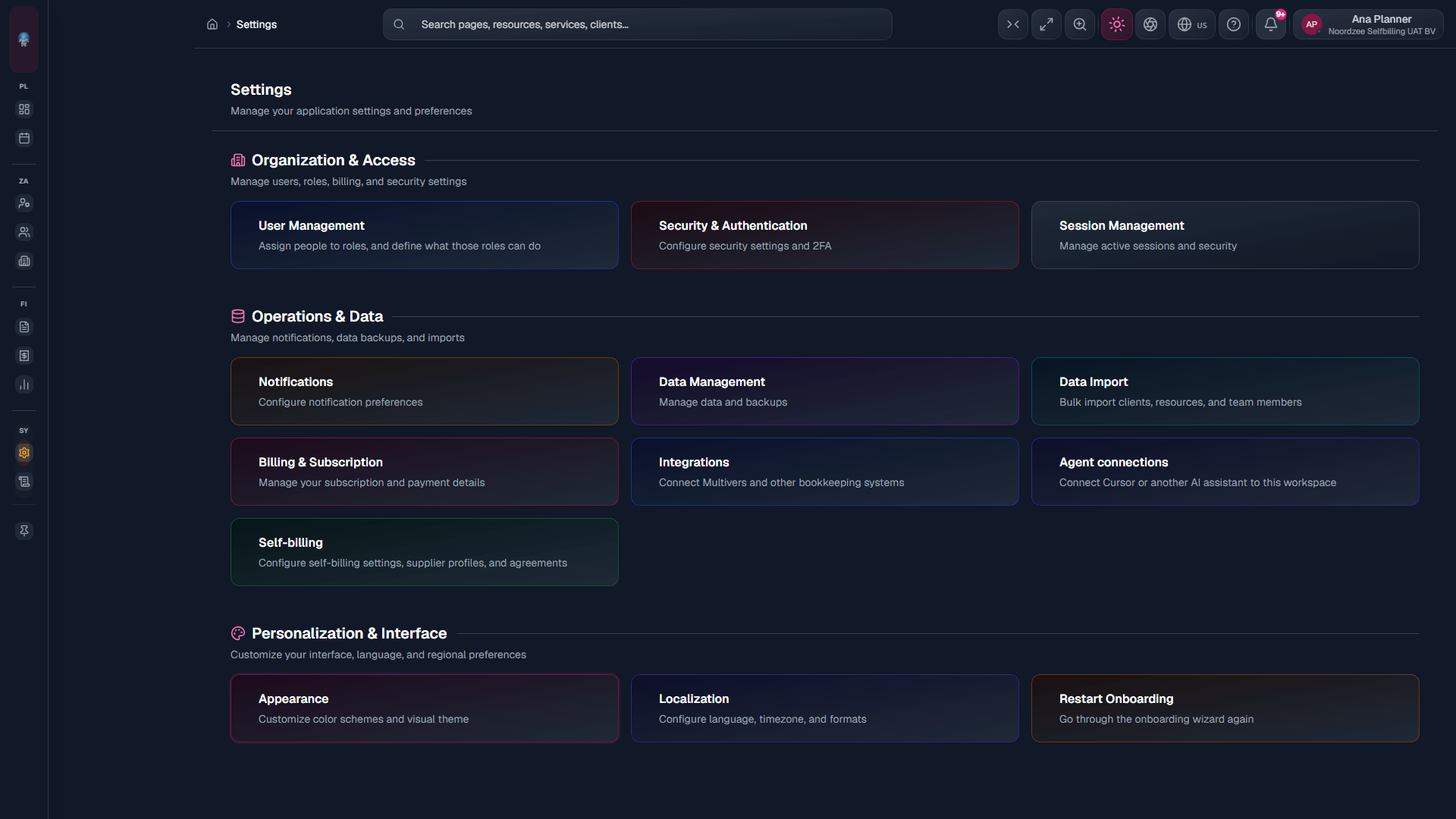 Settings: Organization & Access (users, billing, security, sessions).