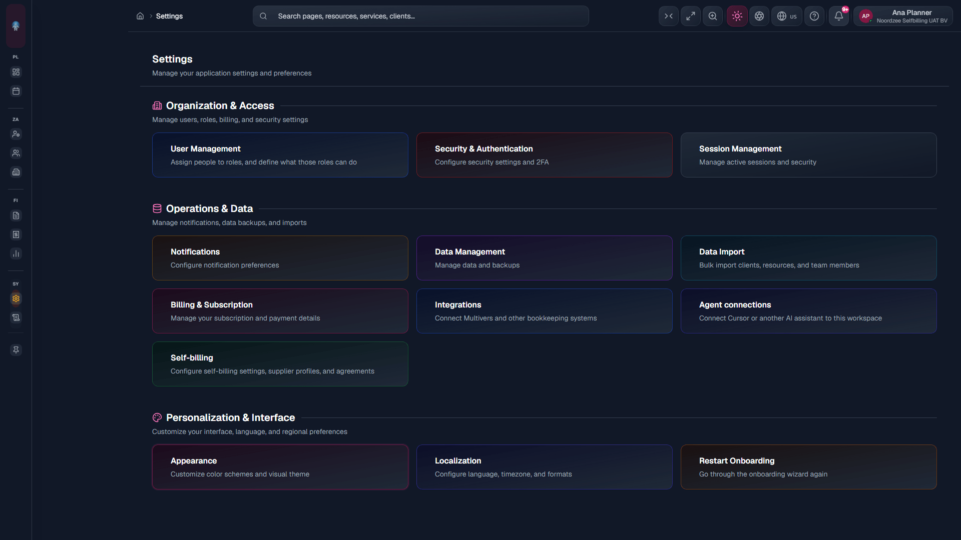 Settings: Personalization & Interface (appearance, localization; Restart Onboarding if admin).