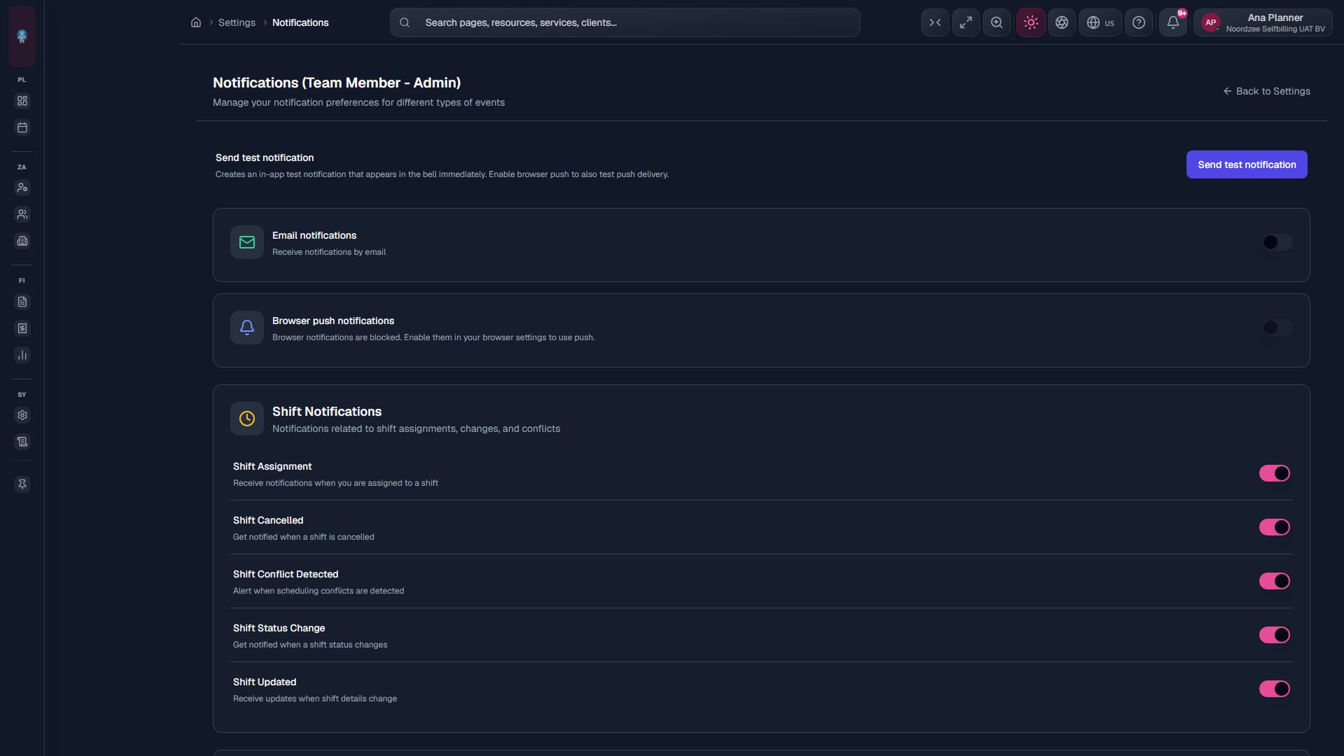 Notifications: choose types and channels (email/push) (/settings/notifications).