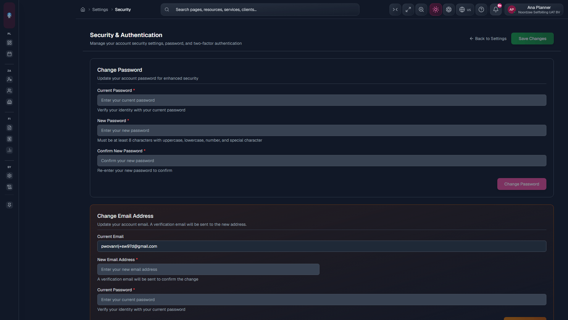 Security & Authentication: password, email, MFA (/settings/security).