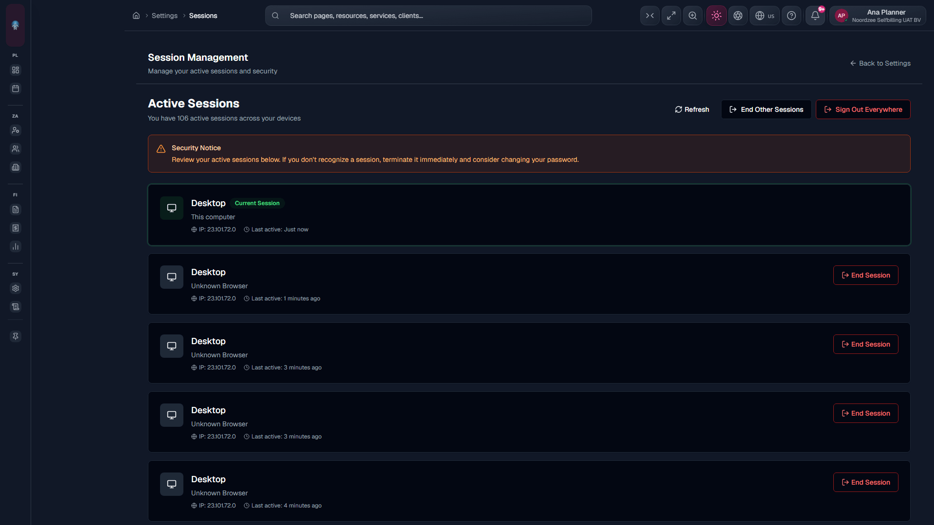Session Management: active sessions and revoke (/settings/sessions).