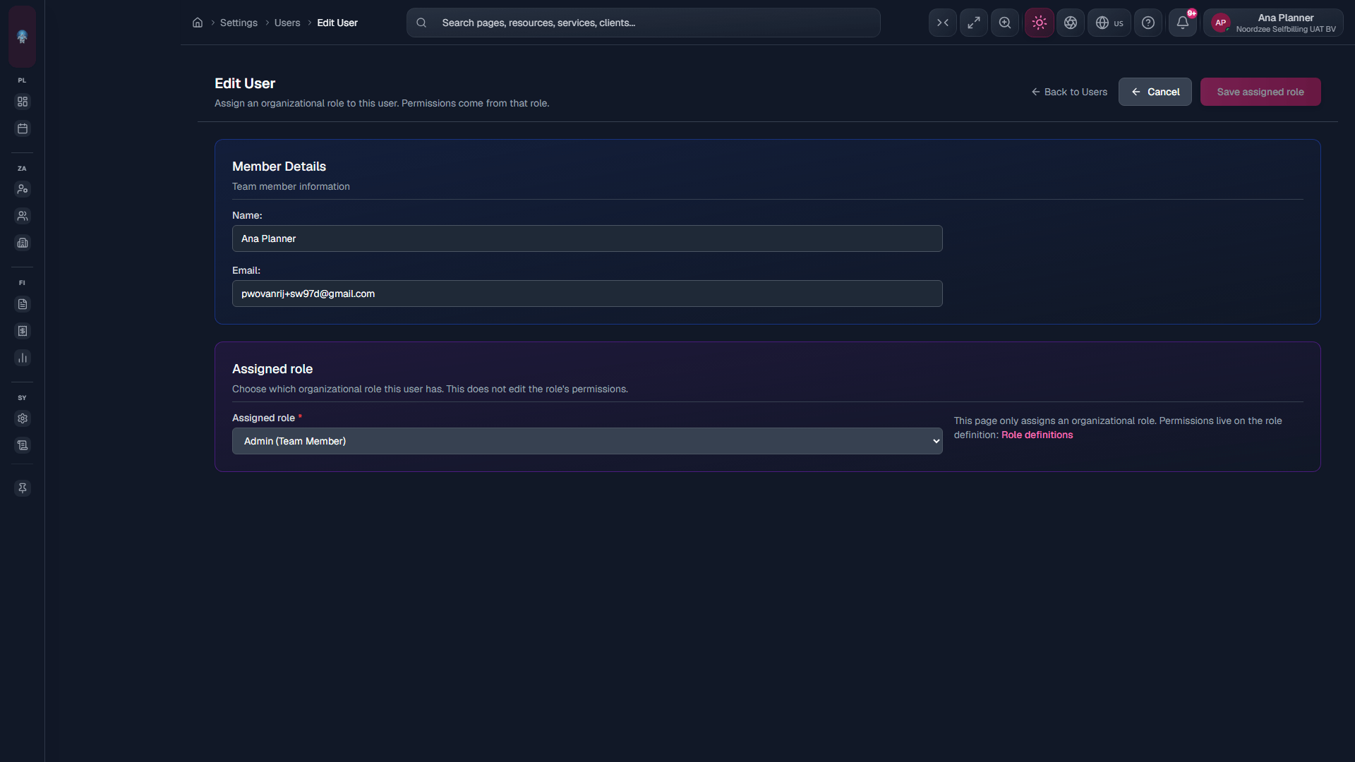Edit User: organizational role (/settings/users/edit?id=).