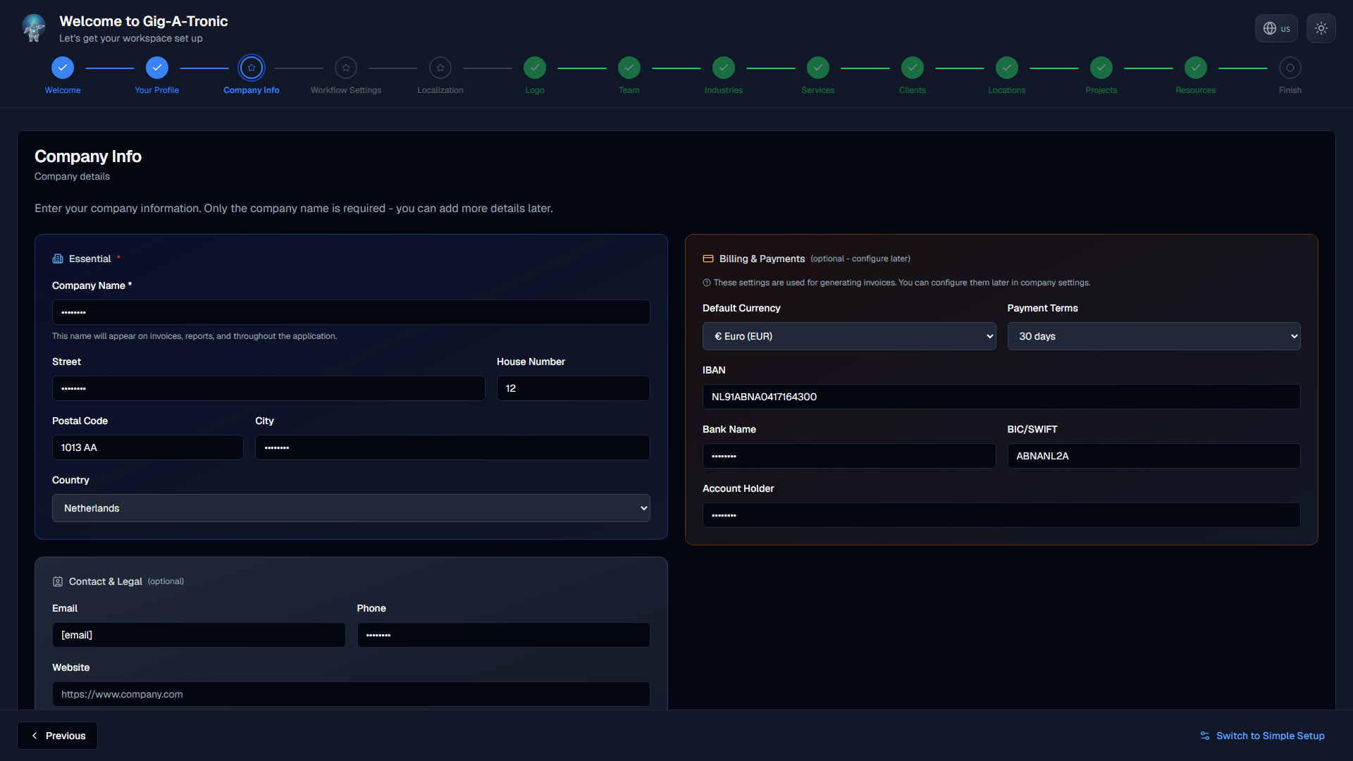 Company info: identity and contact details.