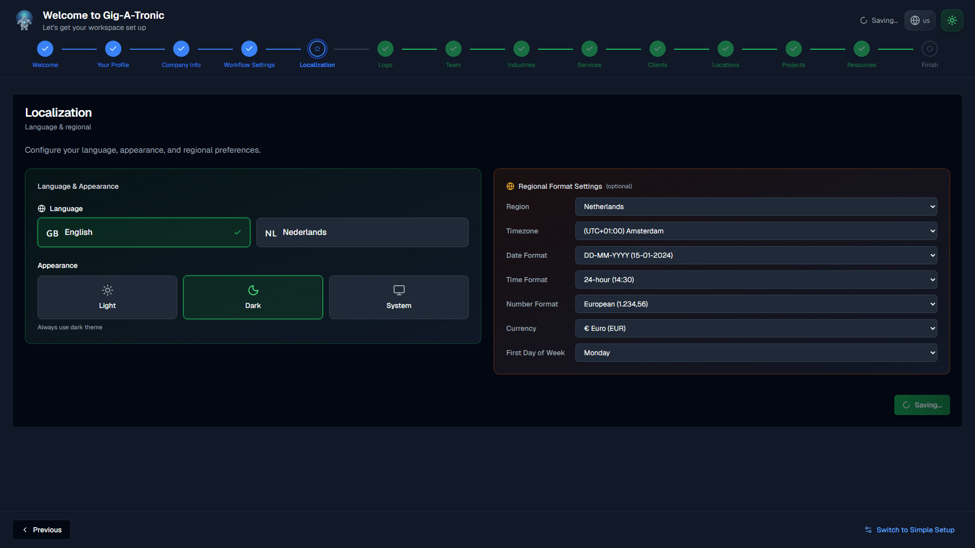 Localization: region, timezone, formats, currency.