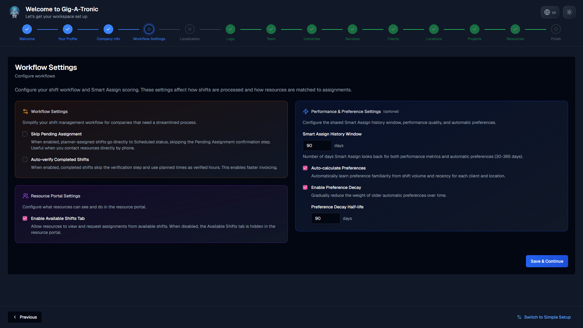 Workflow settings: how shifts and approvals behave.