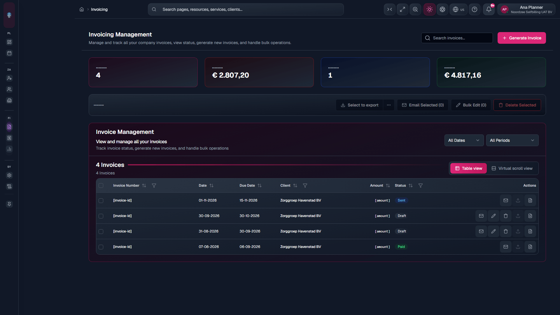 Invoices: track status, amounts, and bulk actions for approved work.